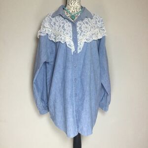 Country & western blue shirt button down lace shoulder line dancing Cowgirl XL